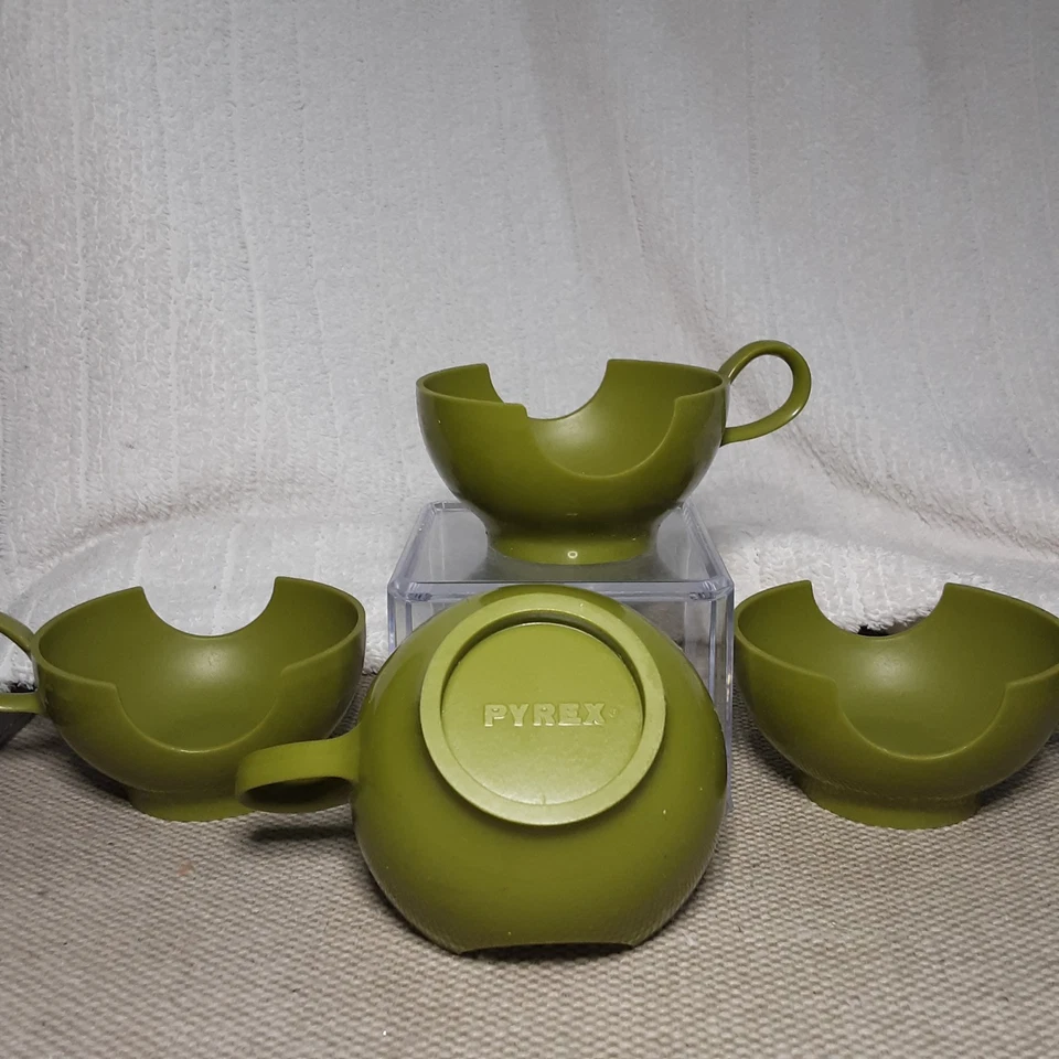 VTG Set of 4 PYREX Avocado Olive Green Roly Poly Cup Holders Replacements (i25) - Изображение 3 из 4