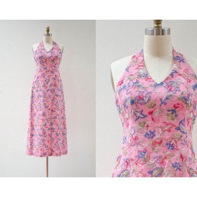pink linen dress 60s 70s vtg Leslie MacNeil floral embroidery halter maxi dress