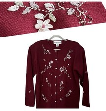 Victoria Harbour Vtg Cardigan Burgandy Beaded Cottagecore Granny Embroidery Sz M