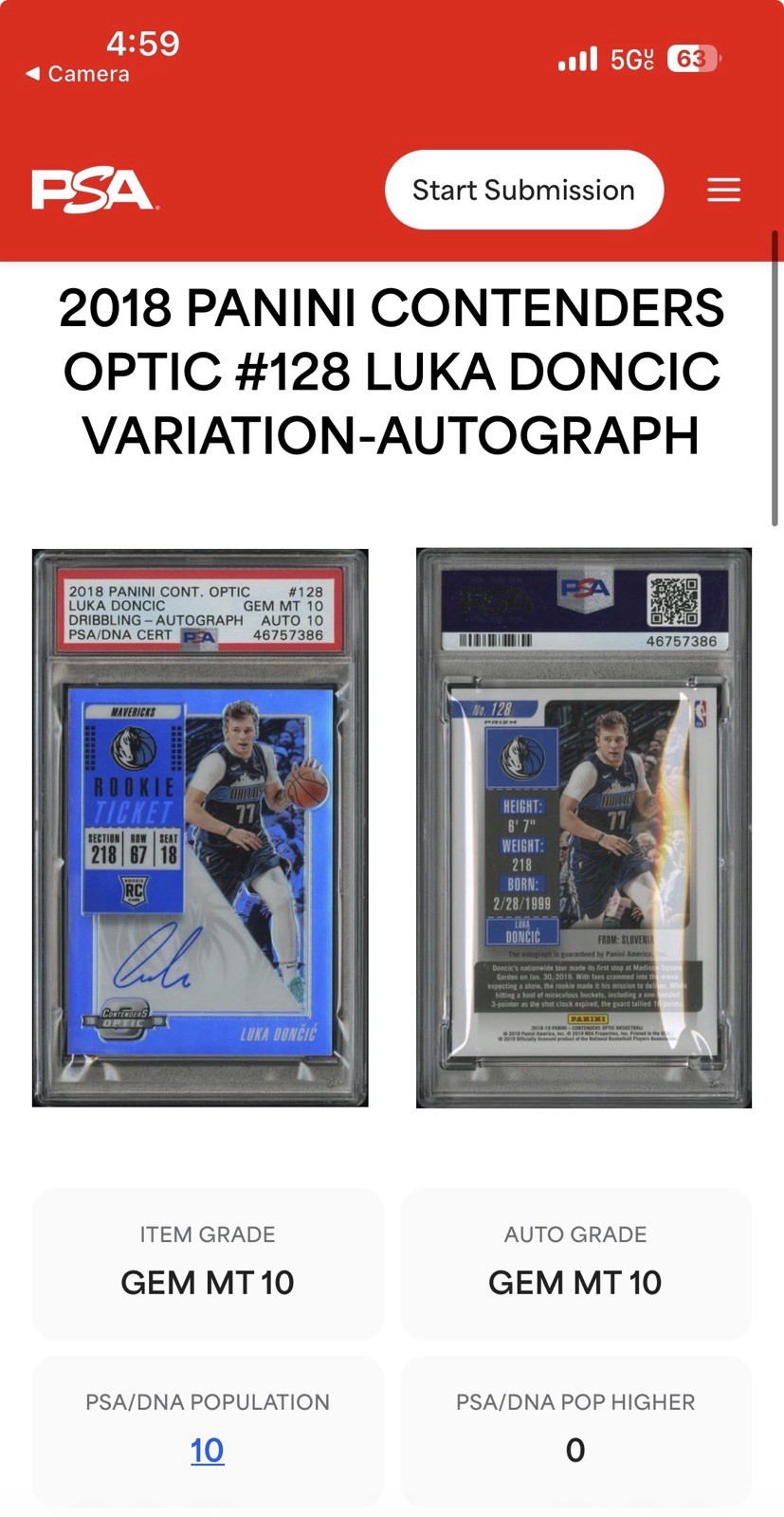 Luka Doncic RC PSA 10 W/ 10 Auto On Card 2018 Optic Rookie Ticket Contenders 128 view 3