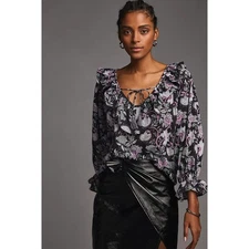  New Anthropologie Mille May Floral Long Sleeve Top $168 MEDIUM Black Blouse