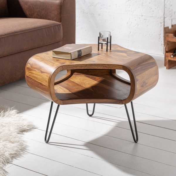 Retro Couchtisch Organic Living 70Cm Sheesham Massivholz Stauraum Hairpin Legs-image