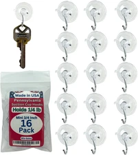 16-Pack Mini 3/4 inch (Made in Pennsylvania) Heavy Duty Suction Cup Hooks for Gl