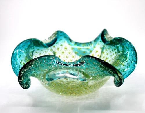 Murano Bollinato Blue Metallic Gold Fleck Scalloped Art Glass Bowl Ashtray Vtg