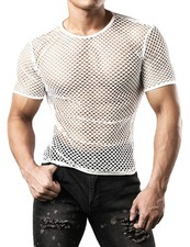 JOGAL Men's Mesh Fishnet Fitted Short Sleeve Muscle Top Large Large, White