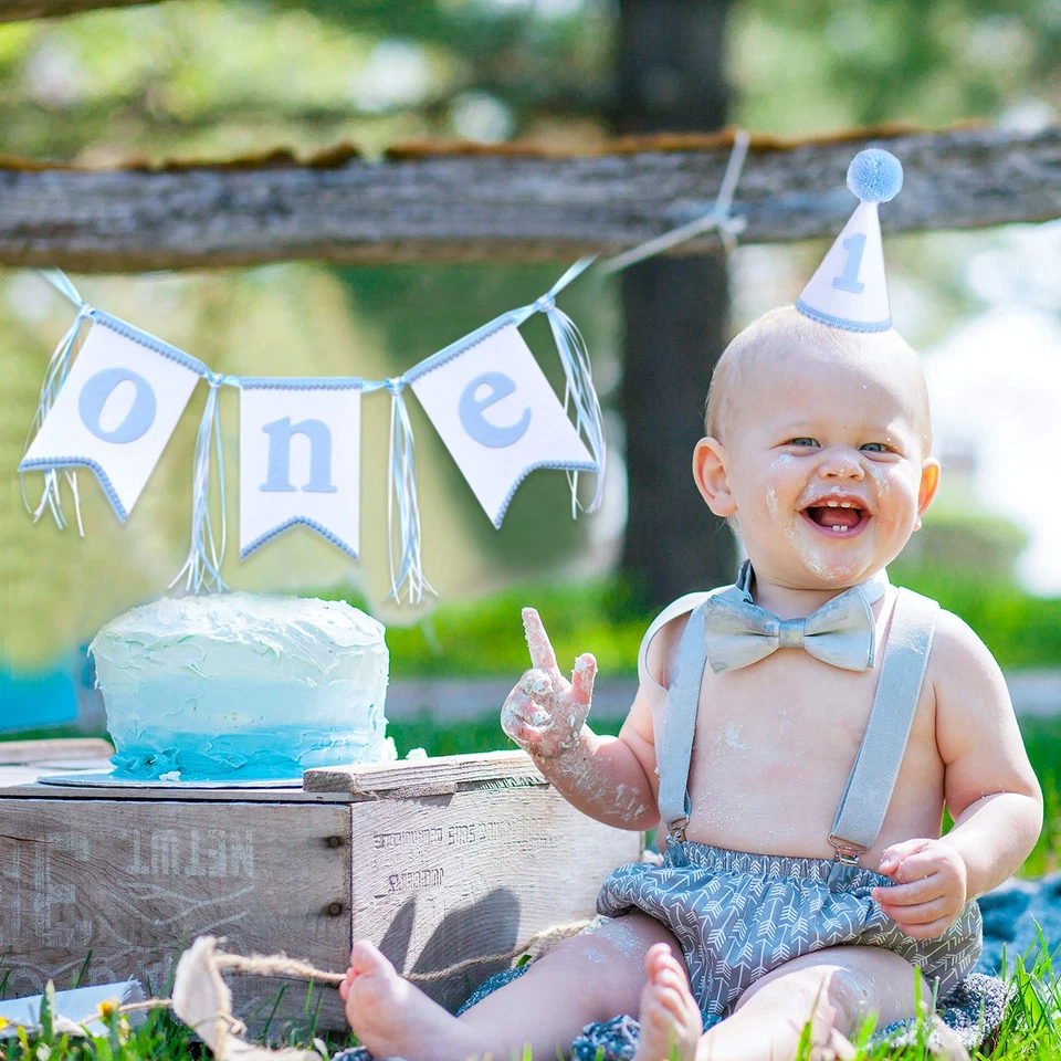 Sombrero y banner de trona de primer cumpleaños para niños - decoración de fiesta azul y gris (... Foto 4 de 4