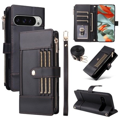 Für Google Pixel 10 Pro XL Crossbody Leder Zipper RFID Schutz Tasche Schwarz