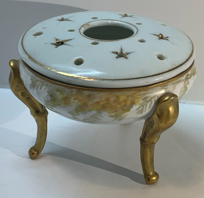 3 legged ceramic celestial / floral hair receiver, White and gold, yellow