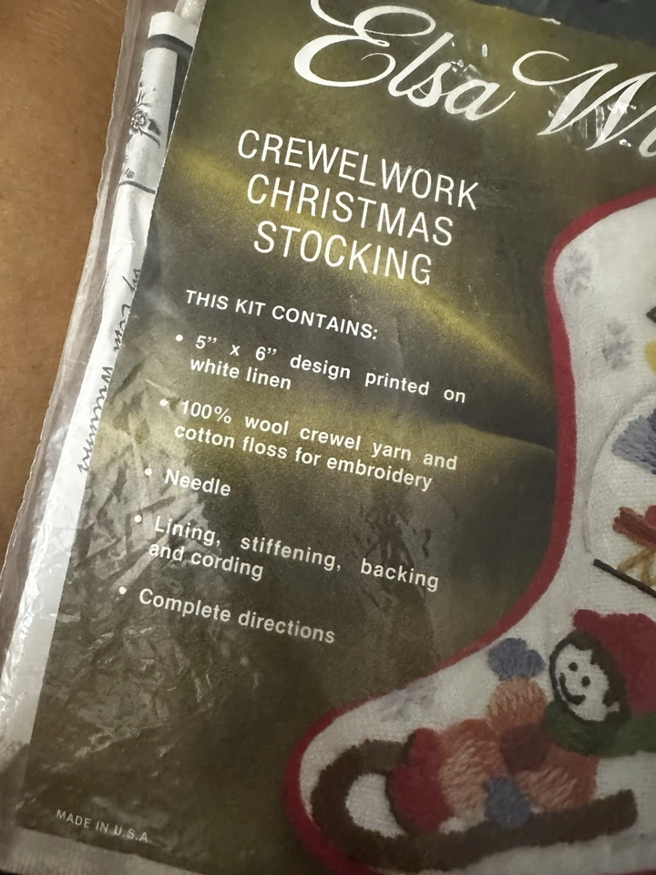 Vintage Linen Christmas Stocking Sled EtcVintage Elsa Williams Crewel #00211 - Image 3 of 4