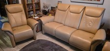 3 Sitzer Sofa mit Relaxfunktion + Sessel mit Relaxfunktion, Vollleder beige