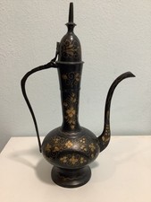 Middle Eastern style metal pot - black with gold floral/leaf design