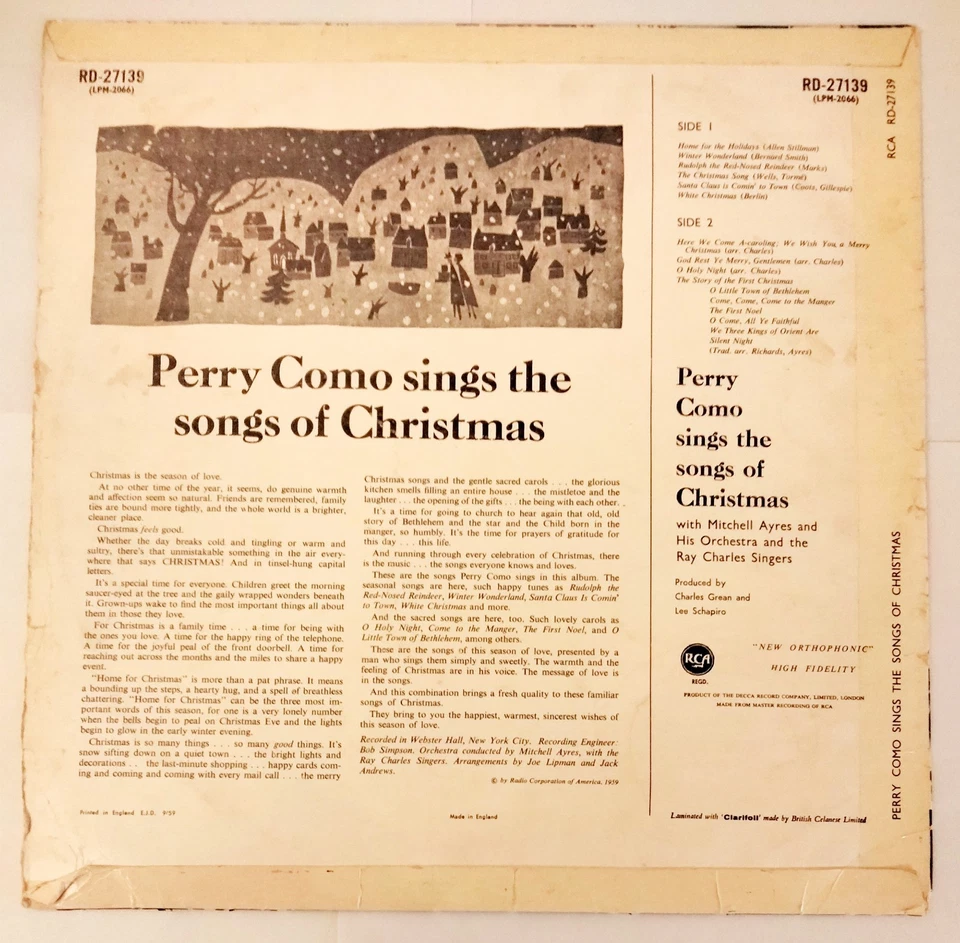Vinyl LP - Perry Como Sings The Songs Of Christmas - 10 Tracks - RCA RD-27139 - Image 2 of 4