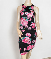GUESS Black Pink Green Floral Sleeveless Bodycon Knee Dress Stretch Knit XS