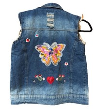 Girls Denim Vest Floral Embroidered Sleeveless Vest Jacket Size 16