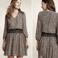 Anthropologie Vanessa Virginia Brown V Neck Smocked Waist Mini Dress Size XS