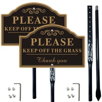 2-Pack Keep Off The Grass Signs, 8x12 Inch, 36 Stakes, Aluminum, Black, Gold