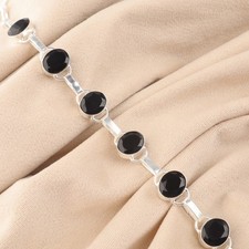 Black Onyx Gemstone 925 Sterling Silver Black-Stone Bracelet 8-9" For Birthday
