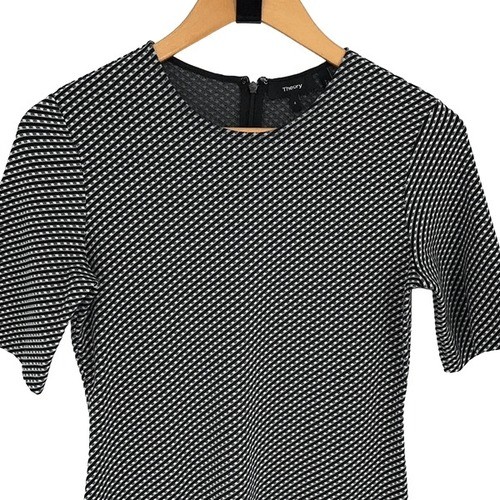 Theory Claymont Dress Womens 4 Black White Micro Check Mod Shift Short Sleeve View 3