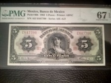 1963, MEXIQUE, 5 PESOS, 67 PMG, EPQ, UNC. HAUTE QUALITÉ !