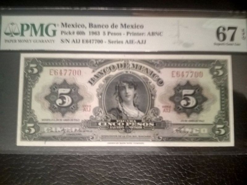 1963, Mexico, 5 Pesos, 67 PMG, EPQ, Unc. High Grade!