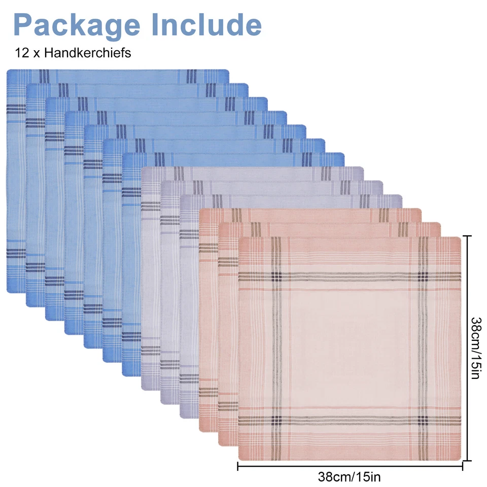 12x Pañuelos Para Hombre 100% Poliéster Algodón Clásicos Doble Cara Bolsillo Pañuelos Foto 2 de 4