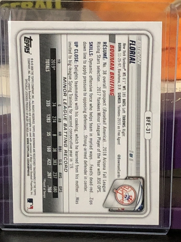 2020 Bowman 1st Edition #BFE-31 Estevan Florial - New York Yankees - Image 2 of 2