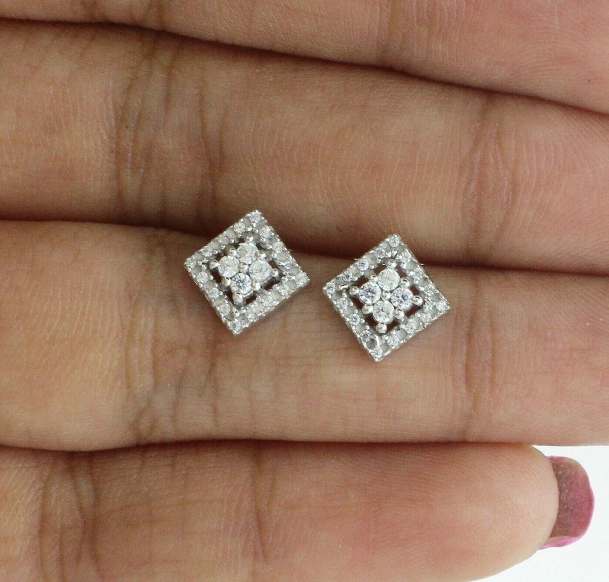 DEAL 0.27 CT Round Genuine Diamond Square Shape Stud Earrings 14K