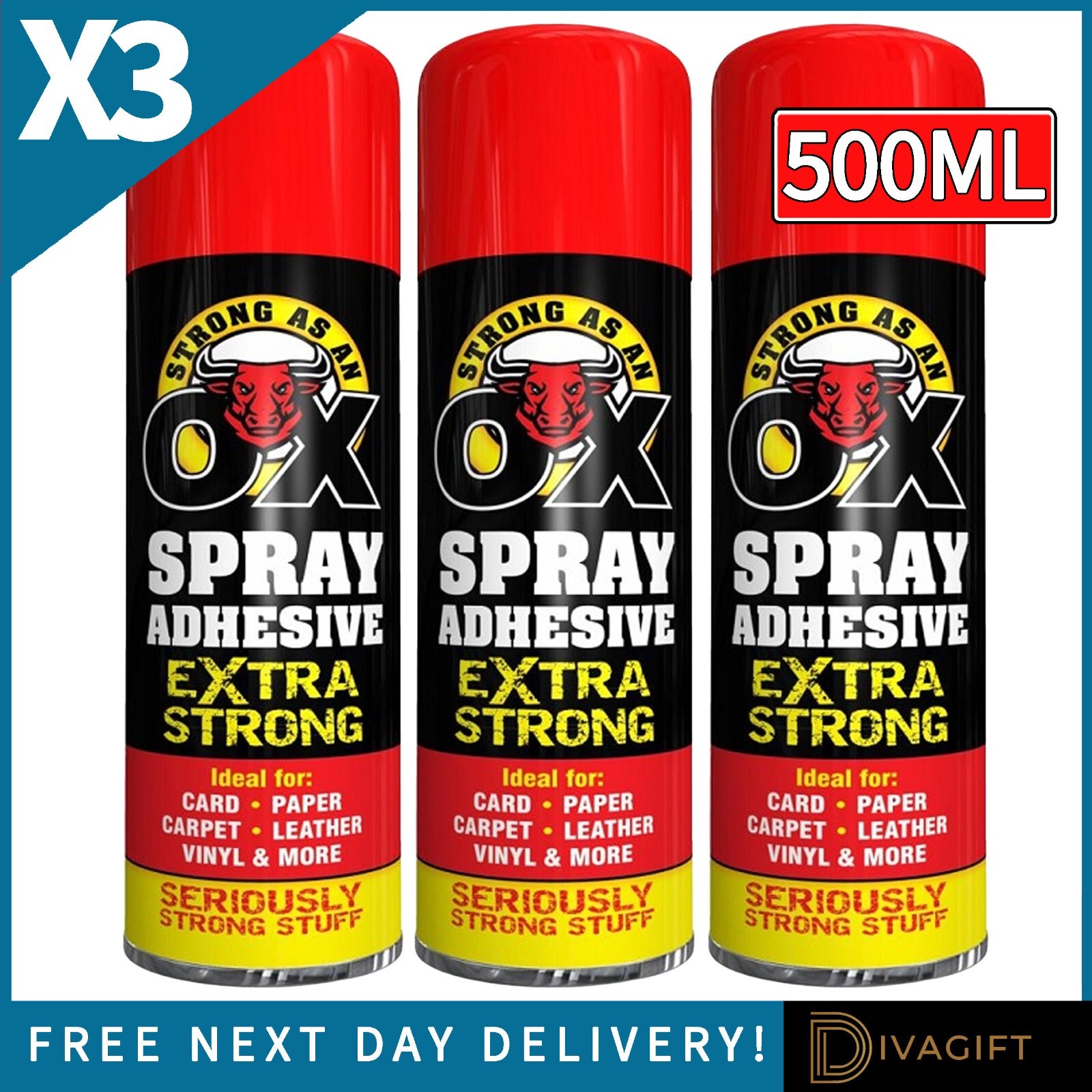 3 X 500ML HEAVY DUTY SPRAY ADHESIVE GLUE STRONG OX FOAM FOR CARPET TILE