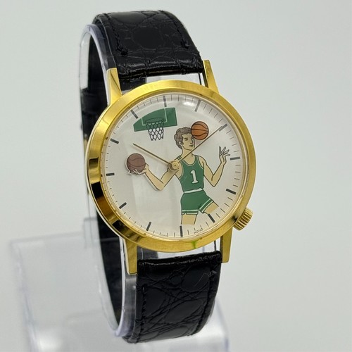 Vintage 1970s Gold Tone Mechanical Basketball Hand Waving Mystery Dial Watch - Picture 2 of 7