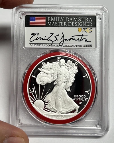 2023-S DAMSTRA PCGS PR70 American Silver Eagle Dollar ‘Red’ Advanced Release $1