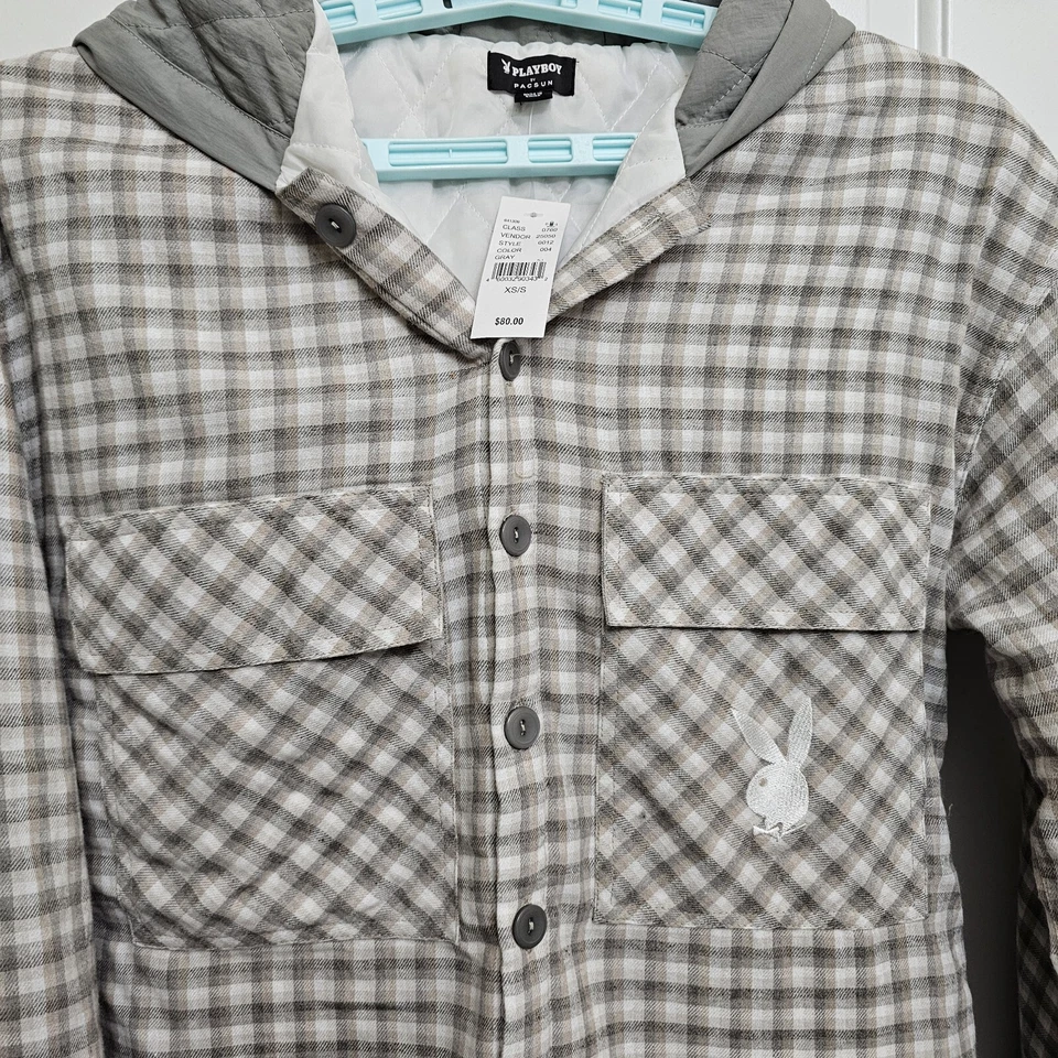 Chaqueta Pacsun Playboy Para Hombres XS/S Gris a Cuadros Capucha Edredón Forrado Bolsillos Funciona Grande Nueva con Etiquetas Foto 2 de 4