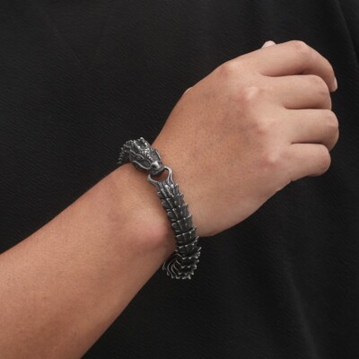 Black Gothic Mens Biker dragon Link Chain Bracelet Stainless Steel Bangle 