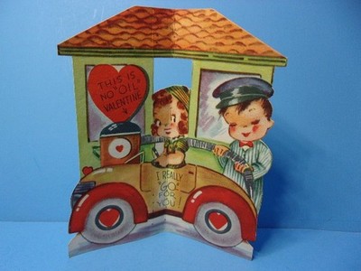 Vintage Valentine Card Boy Girl Car Gas Station Pump Oil ''I Really Go for You''