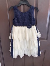 Elegant Navy Blue And White With Golden Patterns American Princess Girls Dress