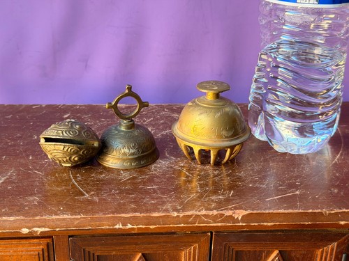 Vintage Indian Brass Elephant Bell Set - Antique Asian Ritual Crotal Trio 2.2"