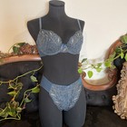 90s Vintage Victoria’s Secret High Rise Lace Blue /gold bra panties set B36/L
