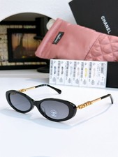 CHANEL CH5565 Black Oval Sunglasses Gray Gradient Lens Gold Logo 54-17-140