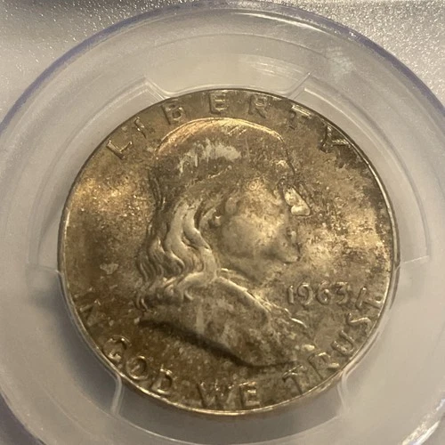 MS64 1963 Toned Franklin Half Dollar 50c PCGS Blue Label 90% Silver Coin