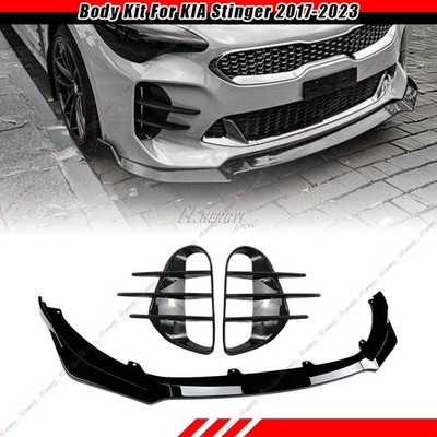 Gloss Black Front Bumper Lip + Vent Hole Cover For KIA Stinger GT-Line GT2 17-23
