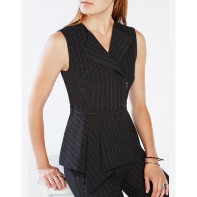 BCBGMAXAZRIA Black Pinstripe Asymmetrical Zip Peplum Top Sleeveless Moto Vest L