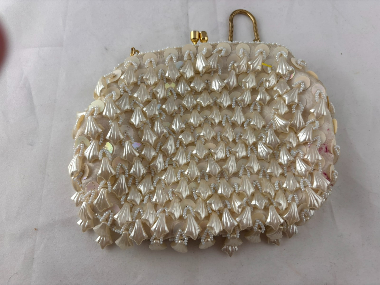 1960s Encore Hong Kong beaded sequin ivory evening clutch wristlet