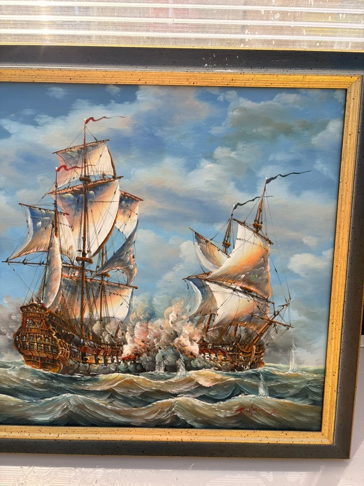 Tableau Peinture Huile Toile Marine Galion Bateau Bataille Navale Signé Encadré - Photo 3/4