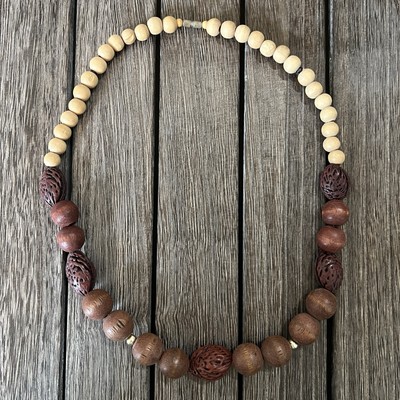 VINTAGE 1960s Wooden Bead & Fruit Peach (?) Pit Necklace Neutral Boho Retro
