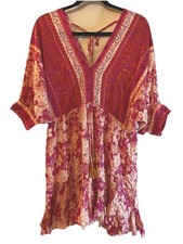 Hot Pink Floral Boho Mini Dress Sz Small V-neck Romantic Beach Pullover