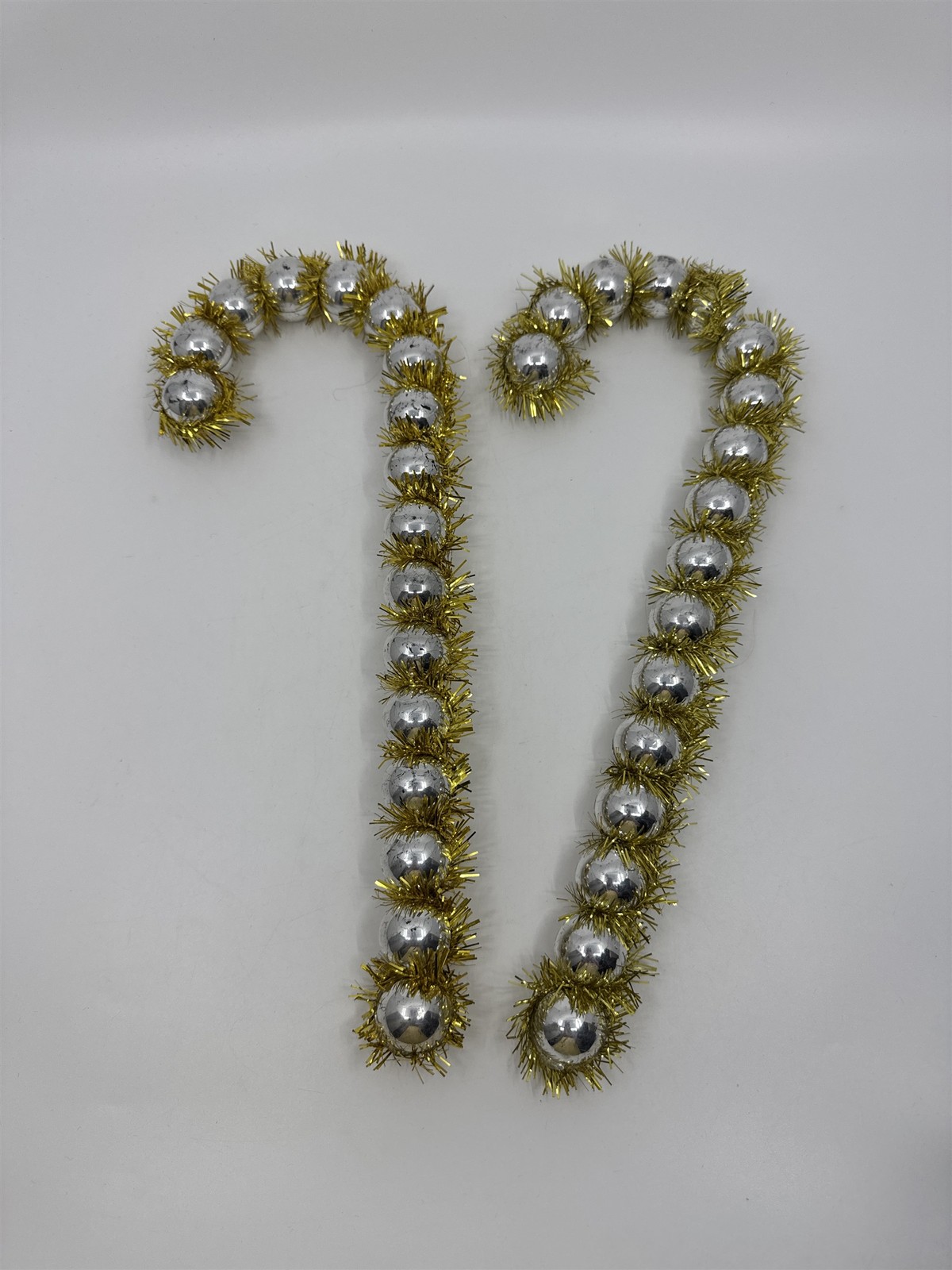 Set of Two Vintage Gold And Silver Christmas Candy Canes W/ Bulbs and Tinsel