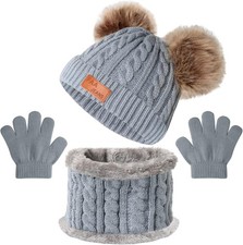 Kids Winter Beanie Hat Scarf Gloves Set,Toddlers Knit Winter Warm Double Pompom