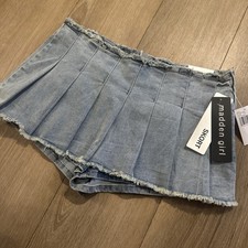 Madden Girl Junior’s Pleated Denim Light Wash Raw Hem Skort Side Zip Large NEW