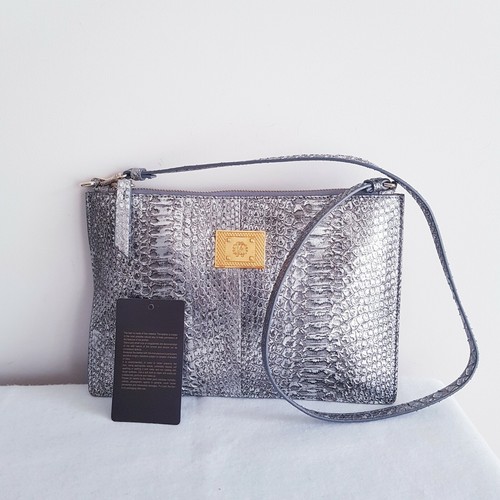 AUTHENTIC - "ROBERTO CAVALLI" - SILVER - LEATHER - PYTHON PRINT - SHOULDERBAG