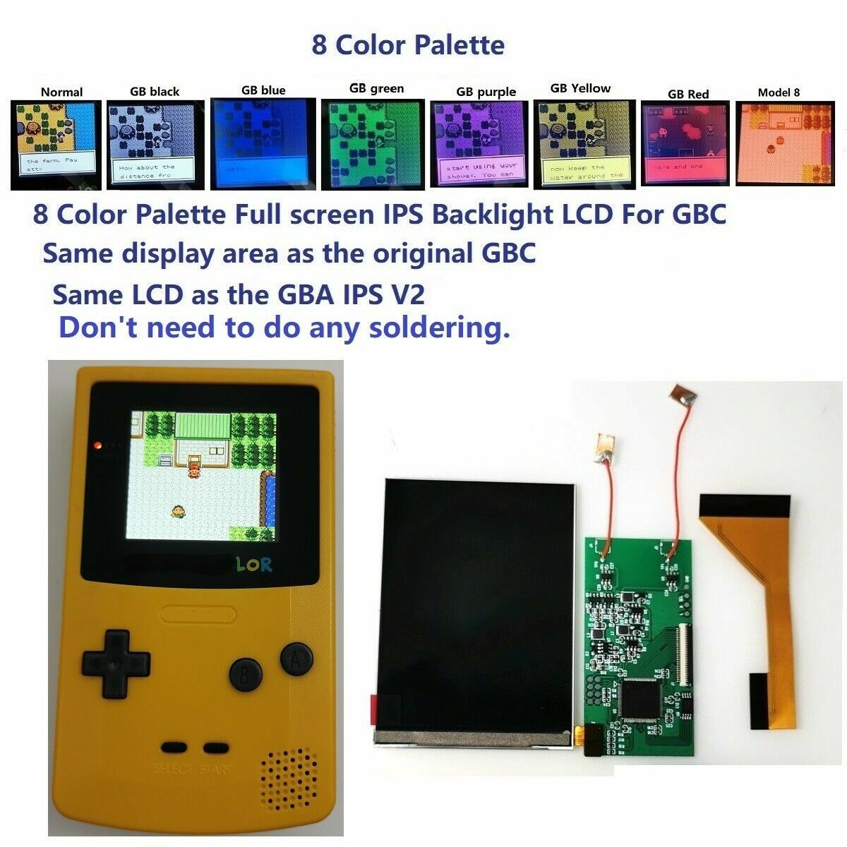 IPS Full Size Colorful Backlight LCD Mod Kit w/Lens For Game Boy