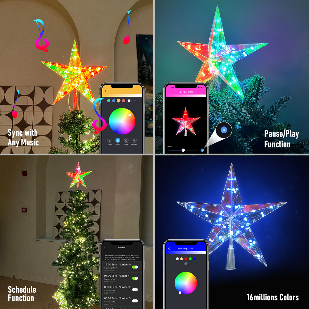 φ11.4'' Color Changing Christmas Tree Topper Star USB Power APP DIY